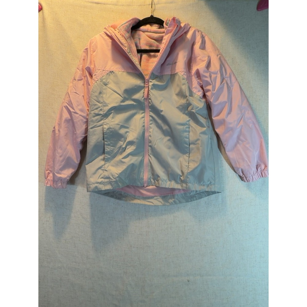 Eddie Bauer Hooded Wind Jacket Fleece Lined Pink Blue Girls Size Large